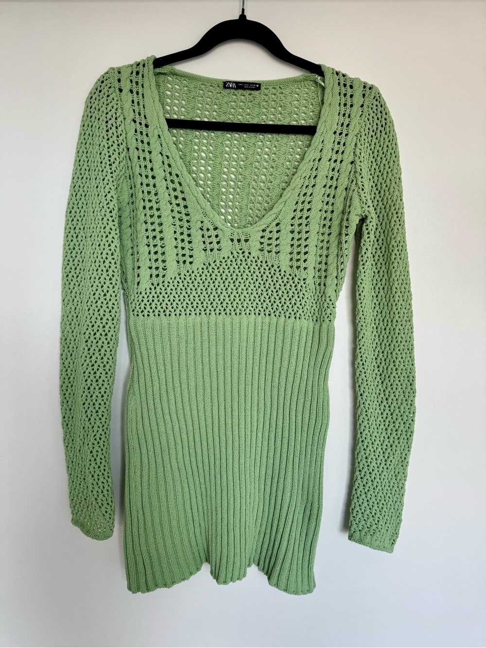 Zara Light Green Open-Knit Mini Dress